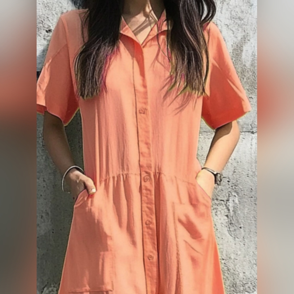 NWT- Linen Texture "An Elegant Woman" Boutique Orange Midi Shirtdress - Size L - Picture 2 of 11